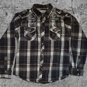 Y2K Black and brown Buckle western pop icon button up.